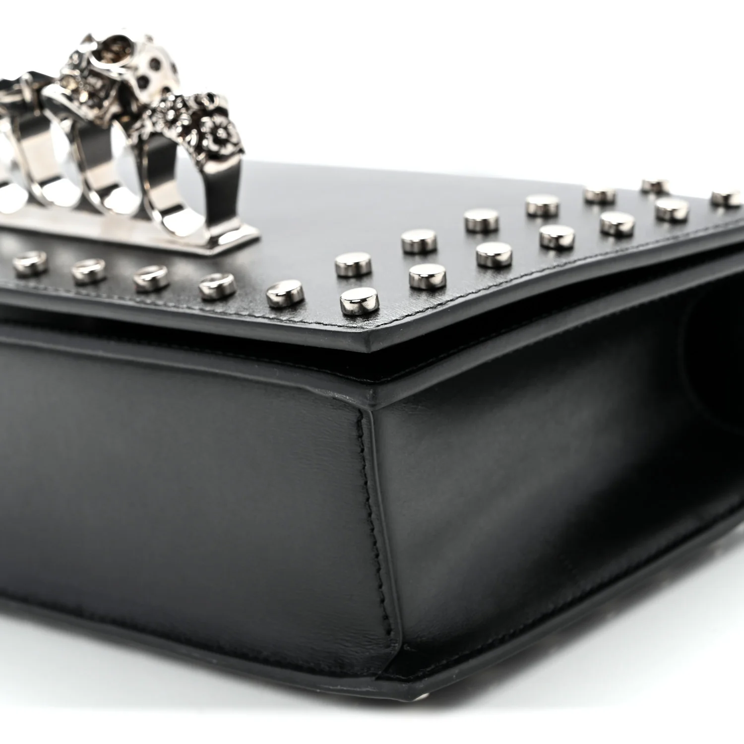 Calfskin Studded Jeweled Knuckle Satchel Black - Image 9