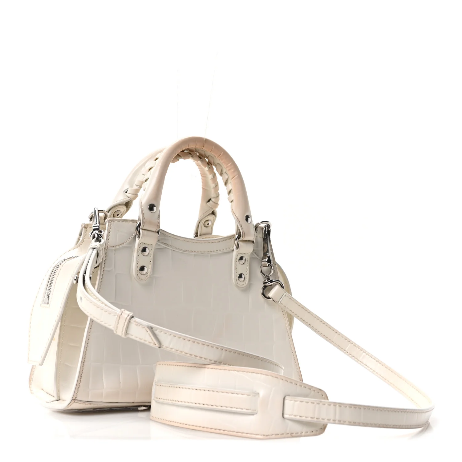 Semi Shiny Calfskin Crocodile Embossed Neo Classic Silver Hardware Nano City Crossbody White - Image 4