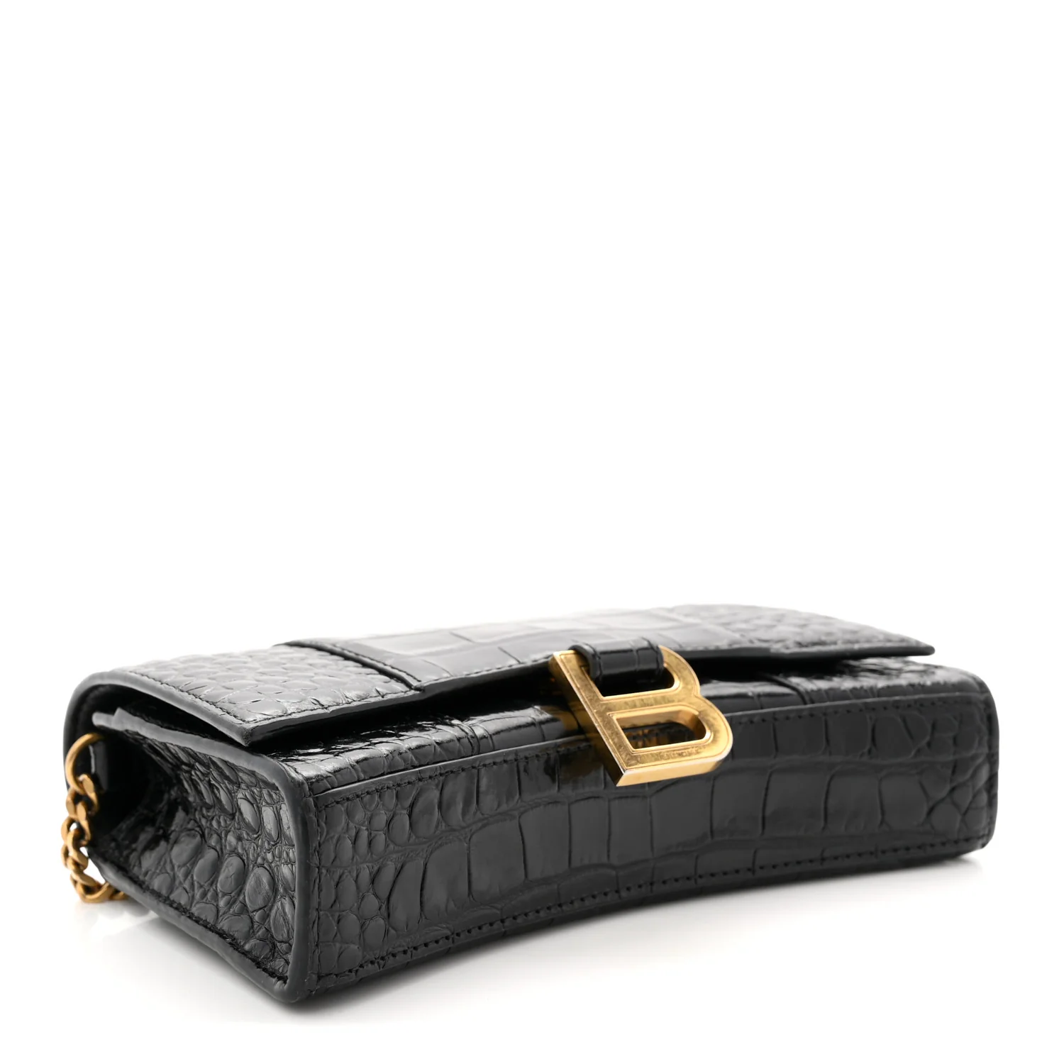 Shiny Calfskin Crocodile Embossed Hourglass Chain Bag Black - Image 4