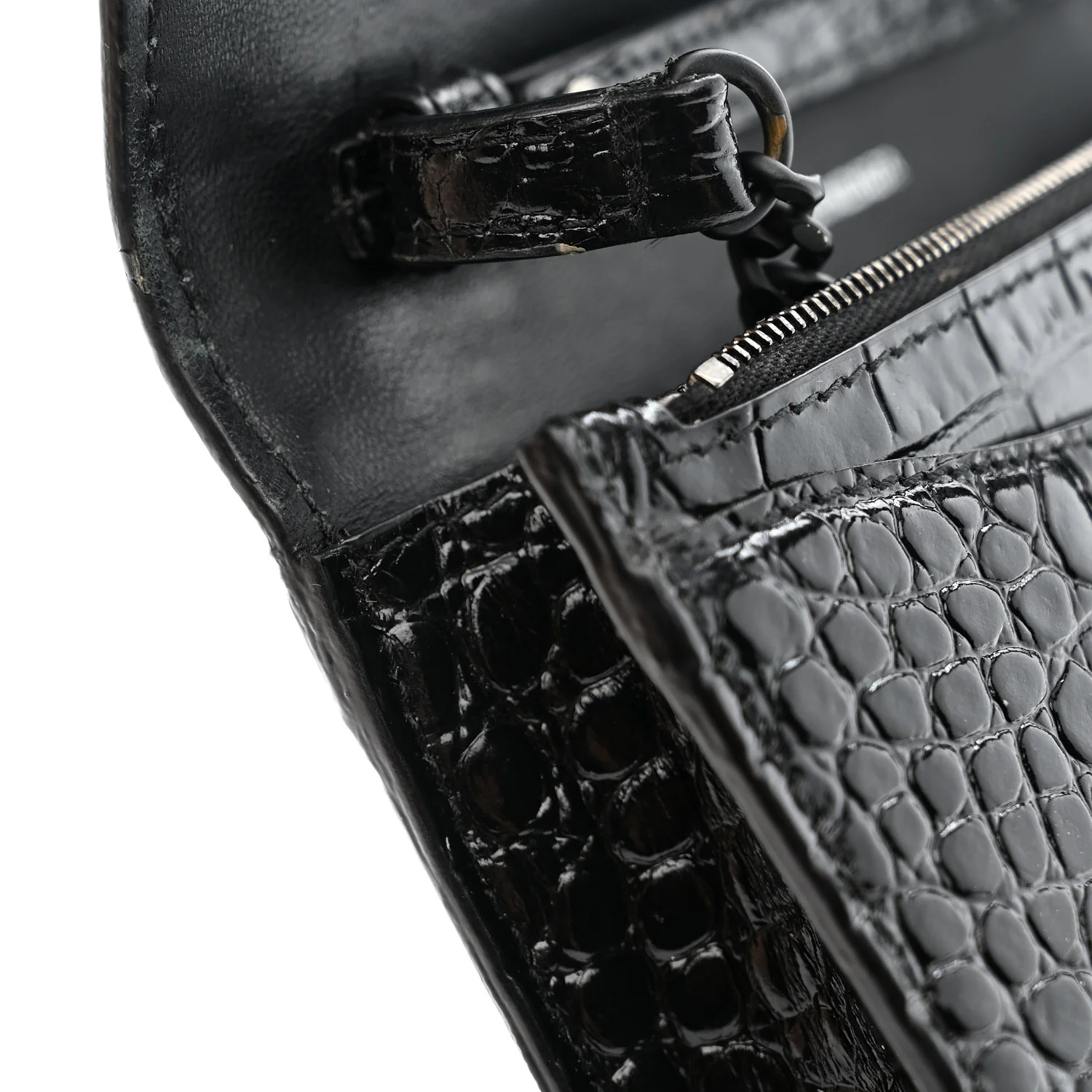 Shiny Calfskin Monochrome Crocodile Embossed Hourglass Chain Bag Black - Image 12