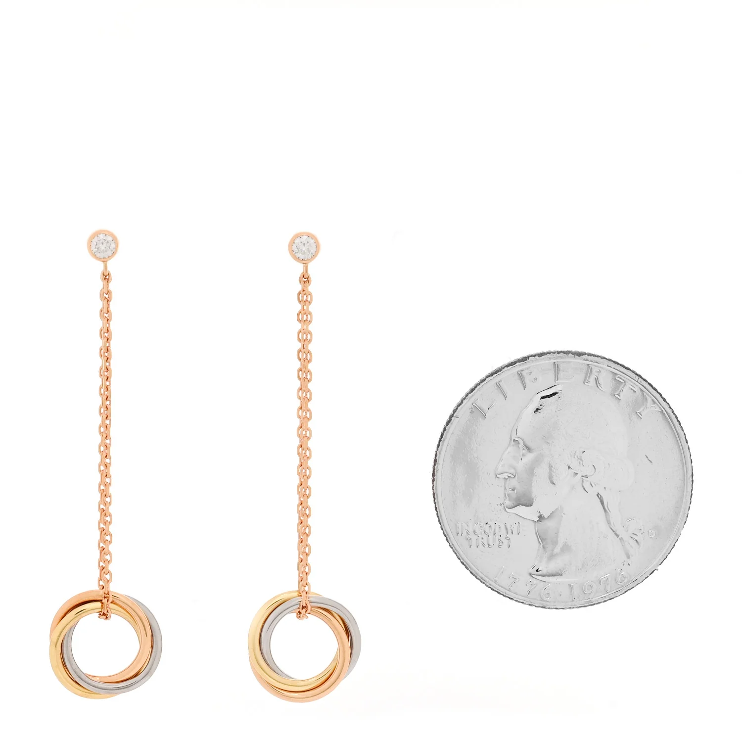 18K Pink Yellow White Gold Diamond Small Trinity Drop Earrings - Image 2