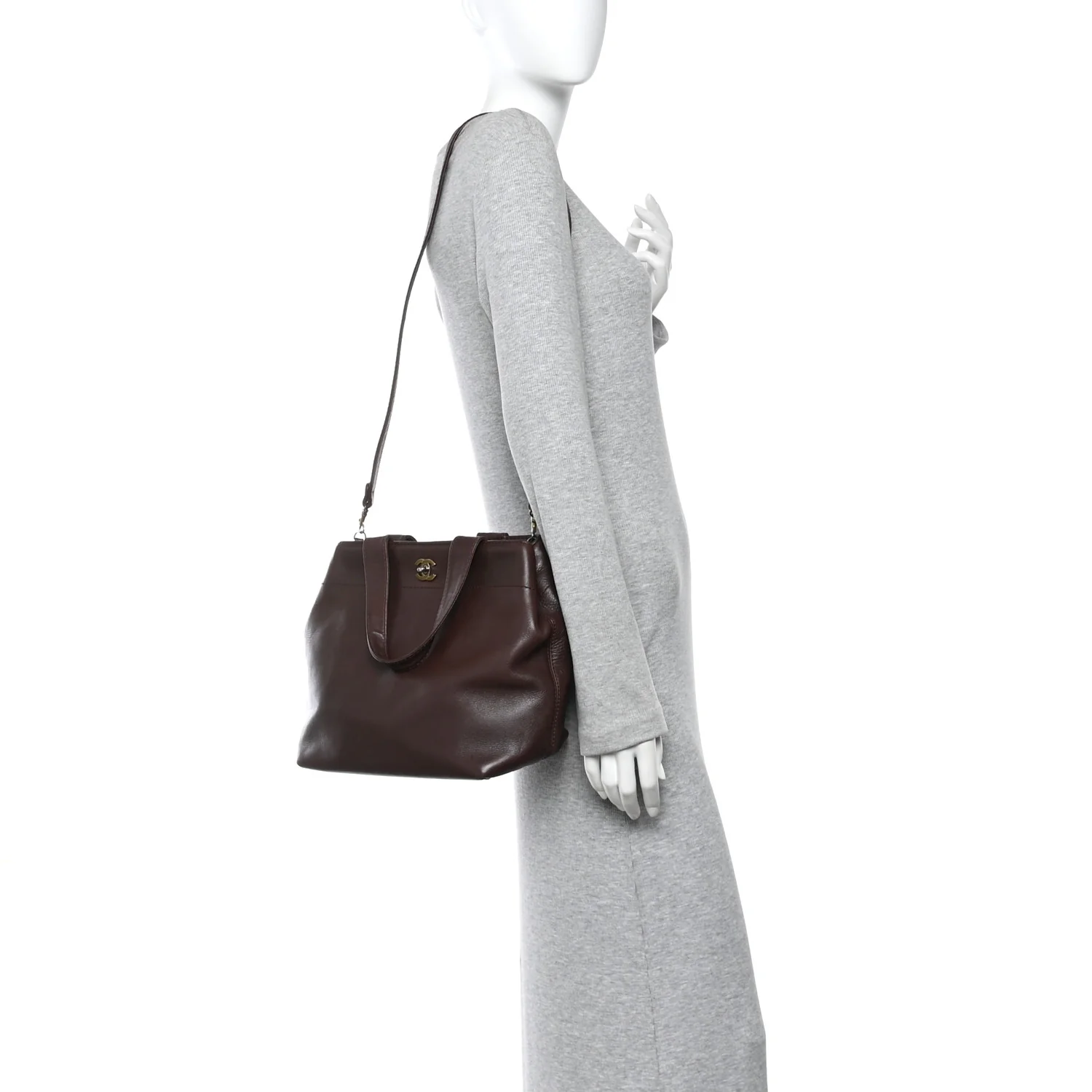 Calfskin Turnlock Shopper Tote Brown - Image 2