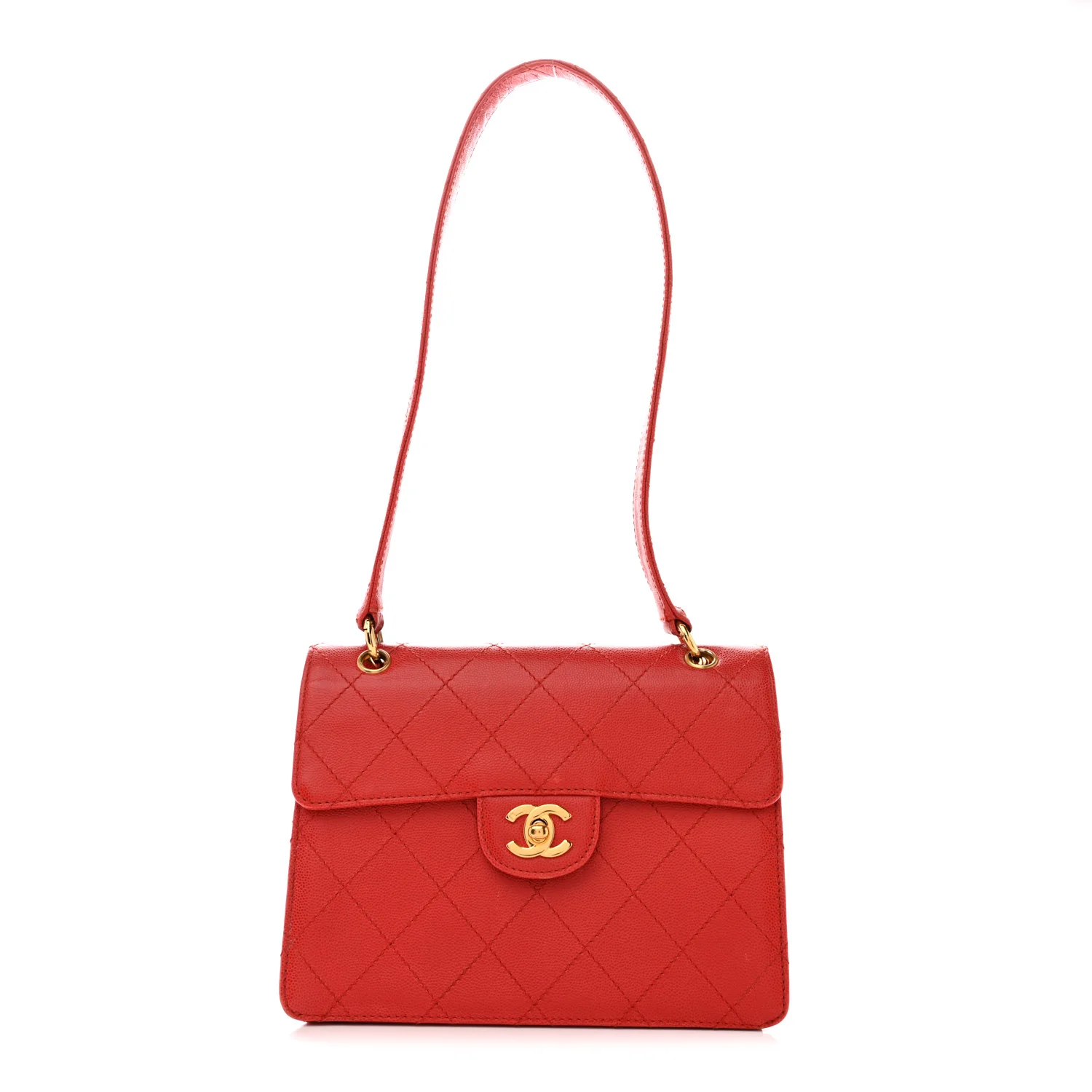 Caviar Stitched Flap Shoulder Bag Red