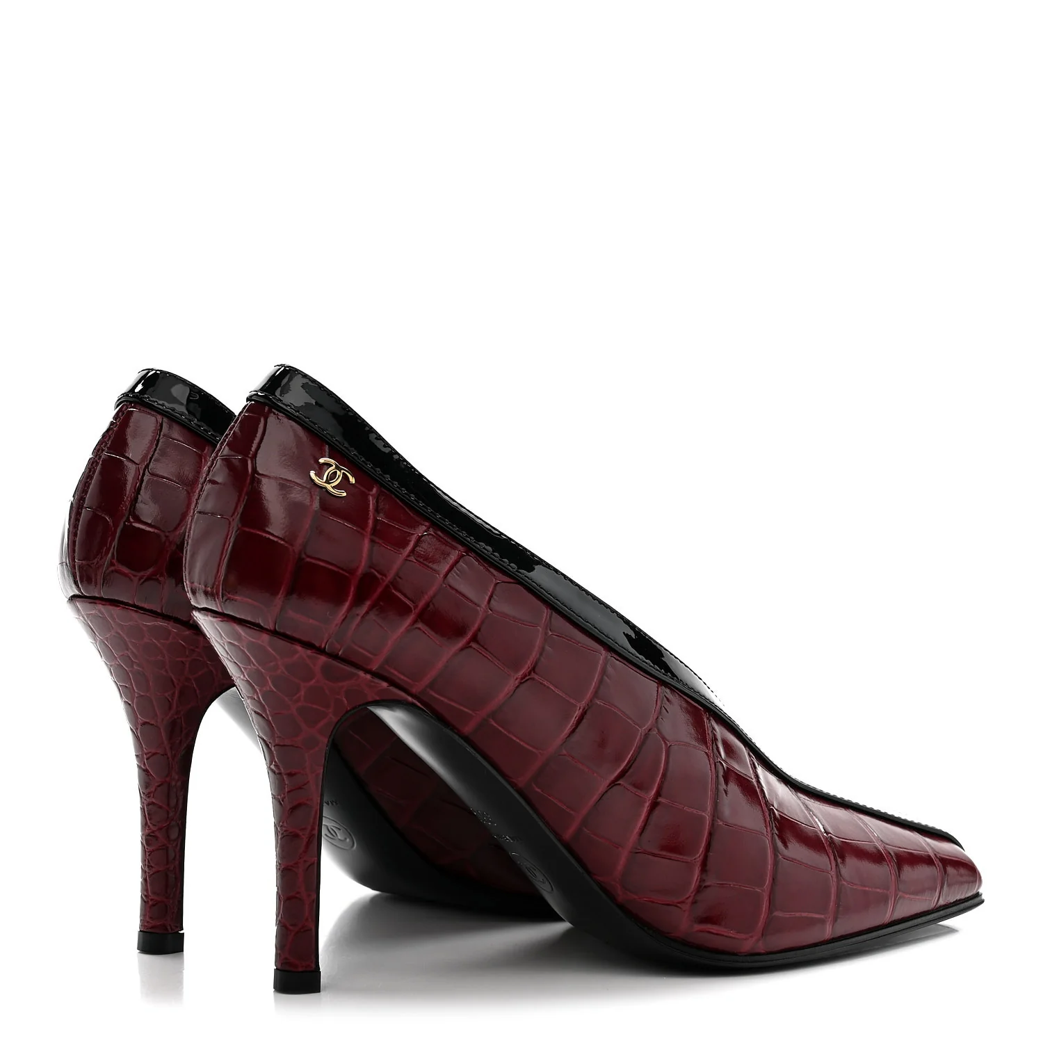 Crocodile Embossed Patent Calfskin Pumps 38.5 Burgundy Black - Image 5