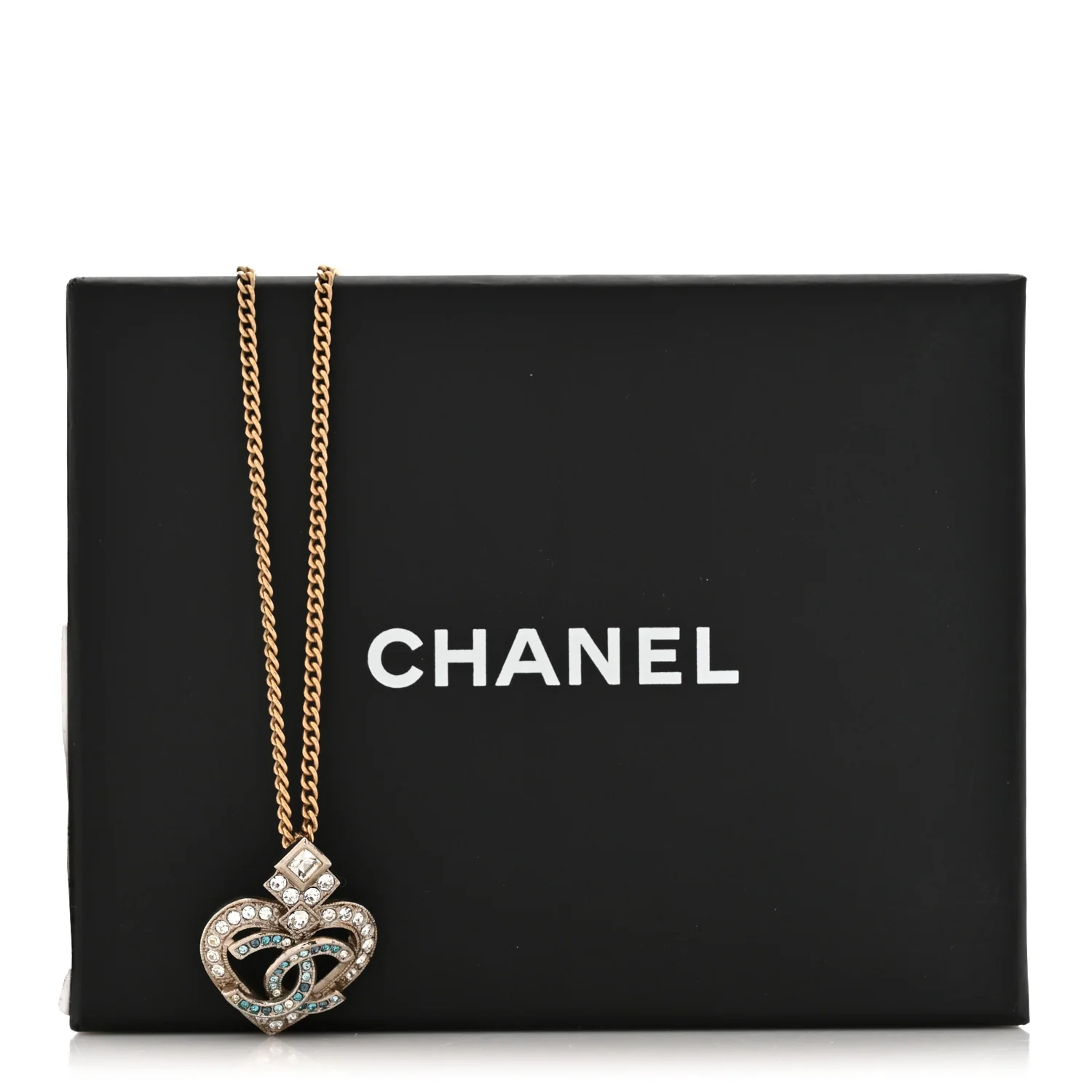 Crystal Heart CC Pendant Necklace Gold Silver Blue - Image 5