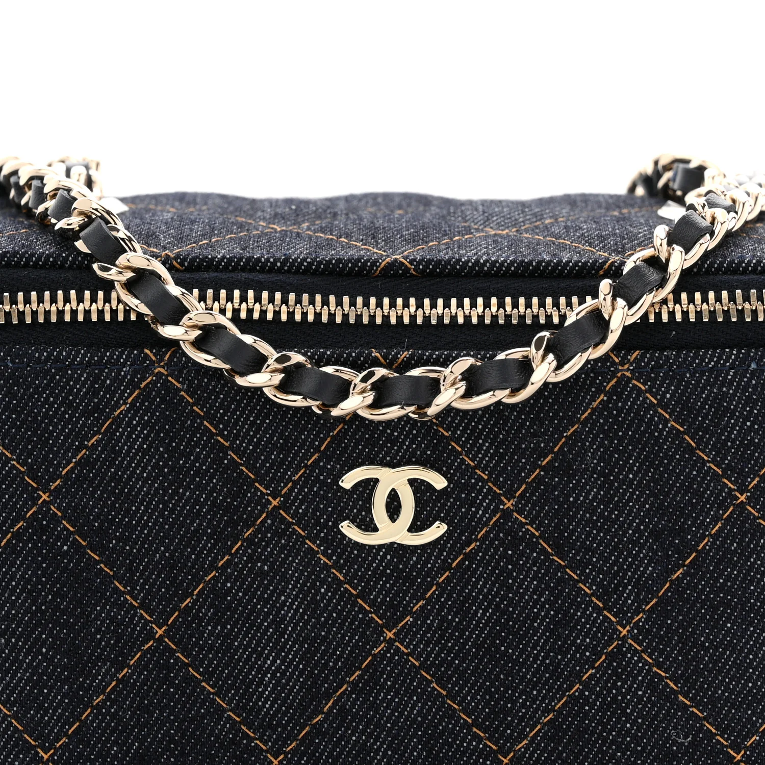 Denim Quilted Vanity Case With Chain Dark Blue - Image 8