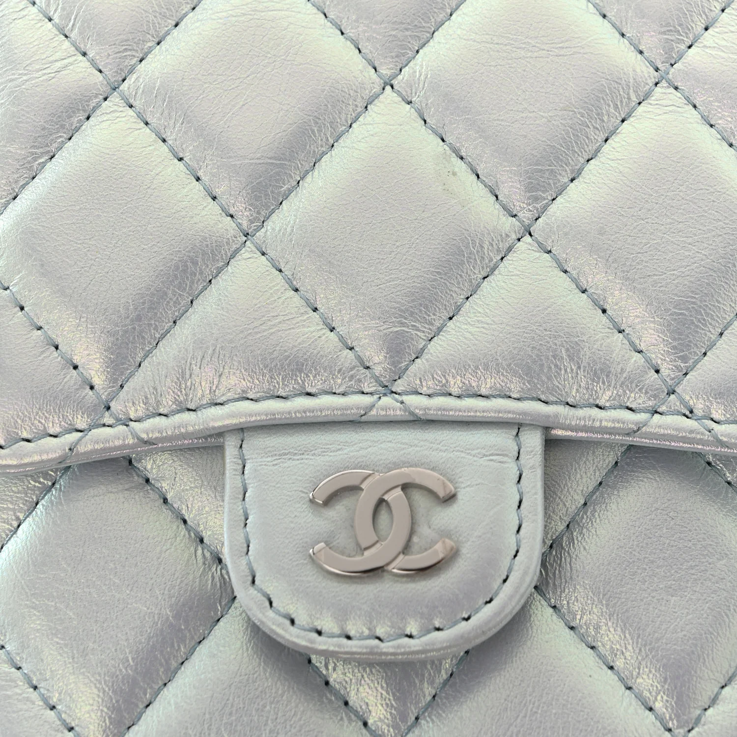 Iridescent Lambskin Quilted CC Phone Holder Blue - Image 12