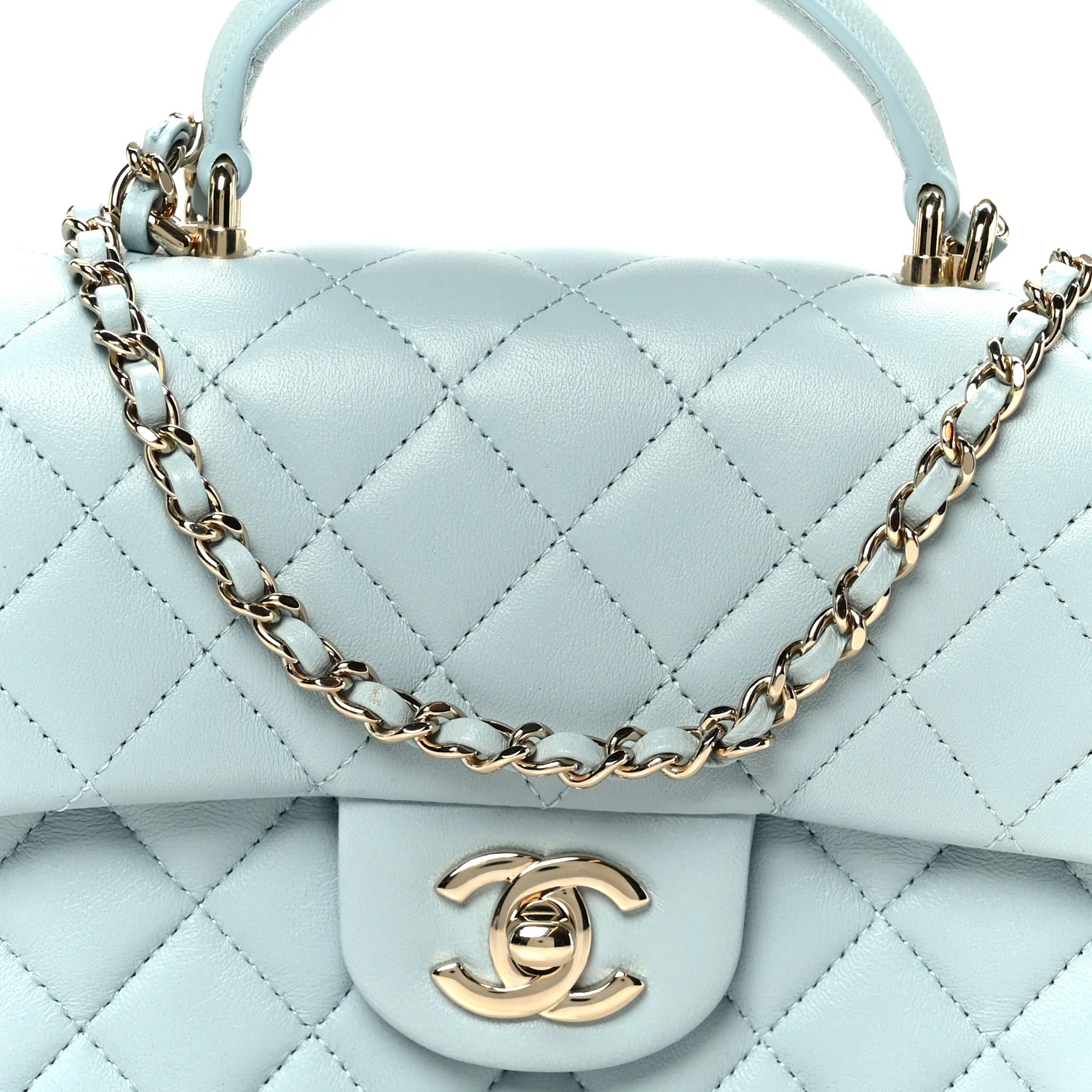 Lambskin Quilted Mini Top Handle Rectangular Flap Light Blue - Image 9