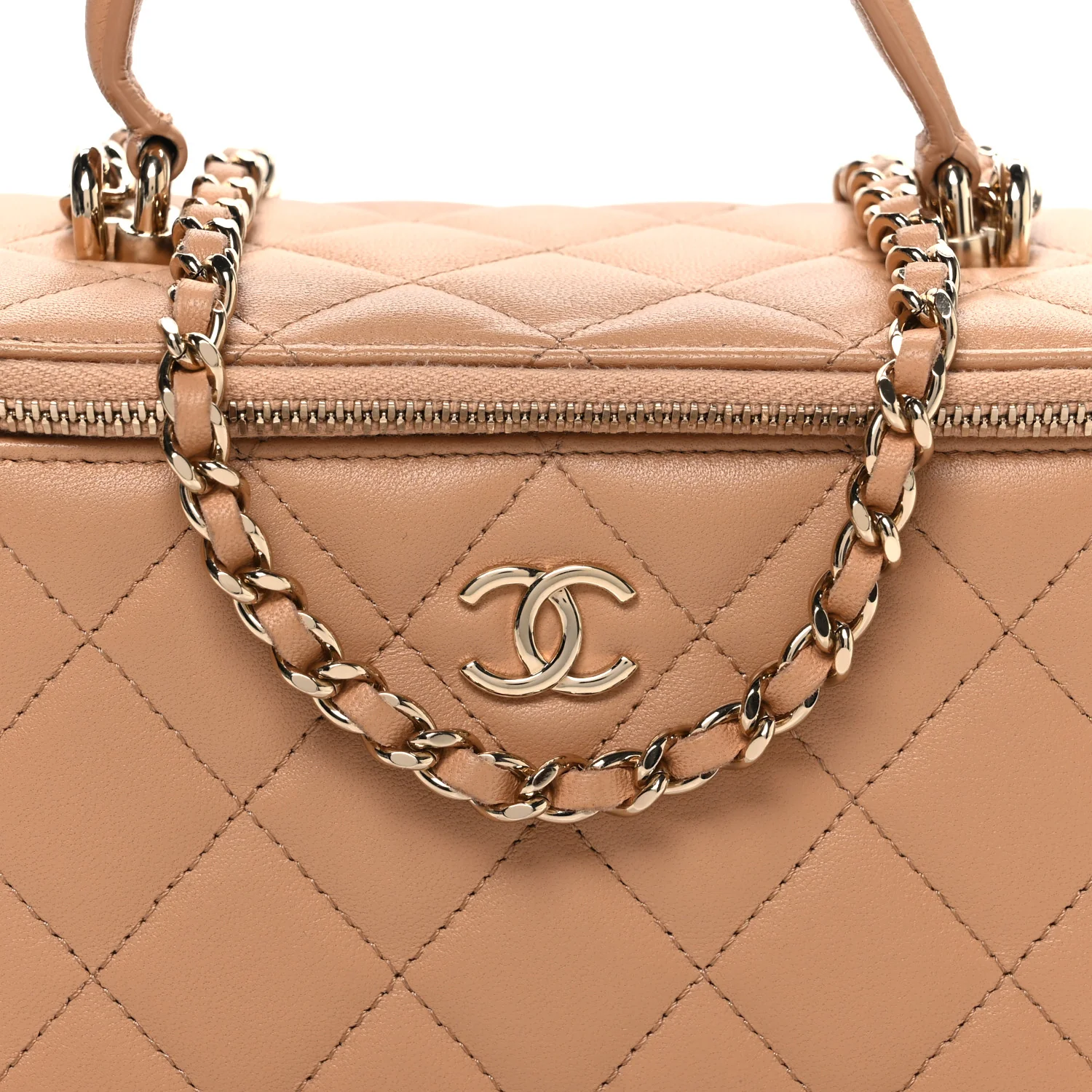 Lambskin Quilted Small Top Handle Vanity Case With Chain Beige - Image 7