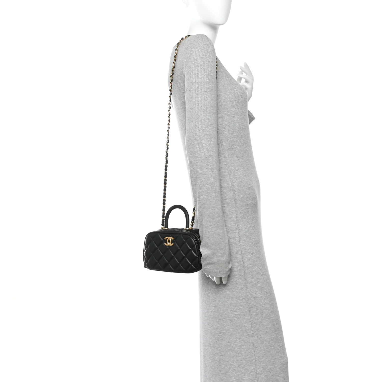Lambskin Quilted Top Handle Mini Bowling Bag Black - Image 2