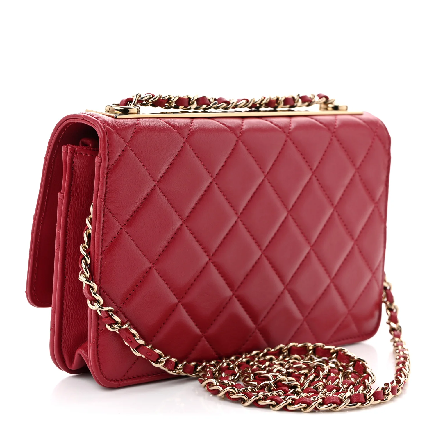 Lambskin Quilted Trendy CC Wallet On Chain WOC Red - Image 3
