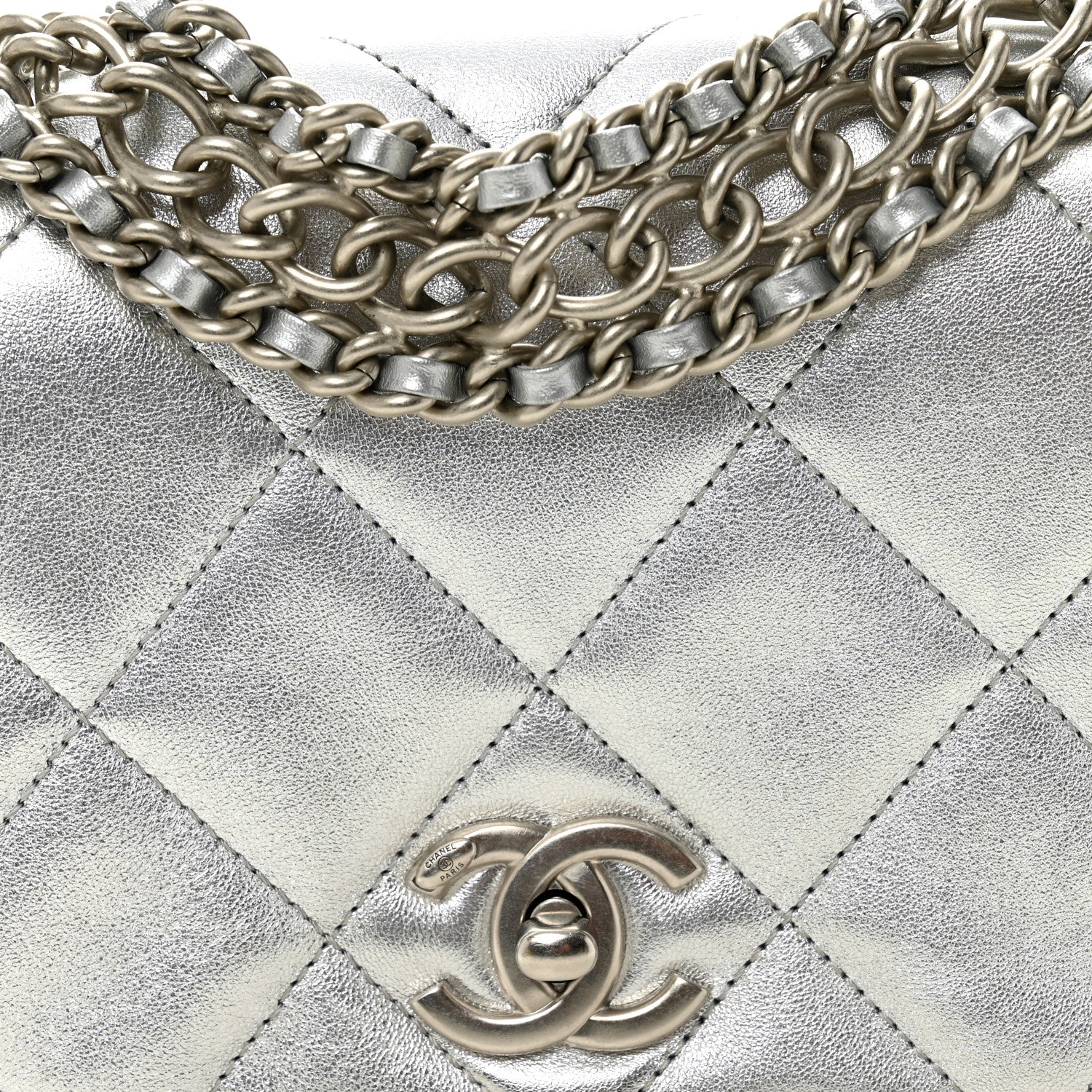 Metallic Lambskin Quilted Mini Chain Rows Flap Silver - Image 8