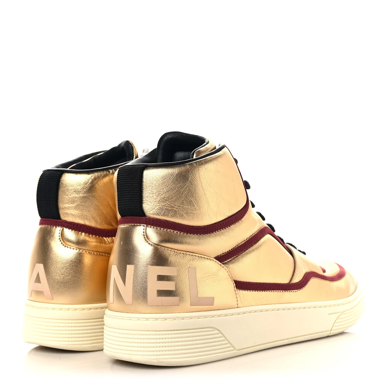 Metallic Satin Lambskin Mens Logo High Top Sneakers 45 Gold Burgundy - Image 5
