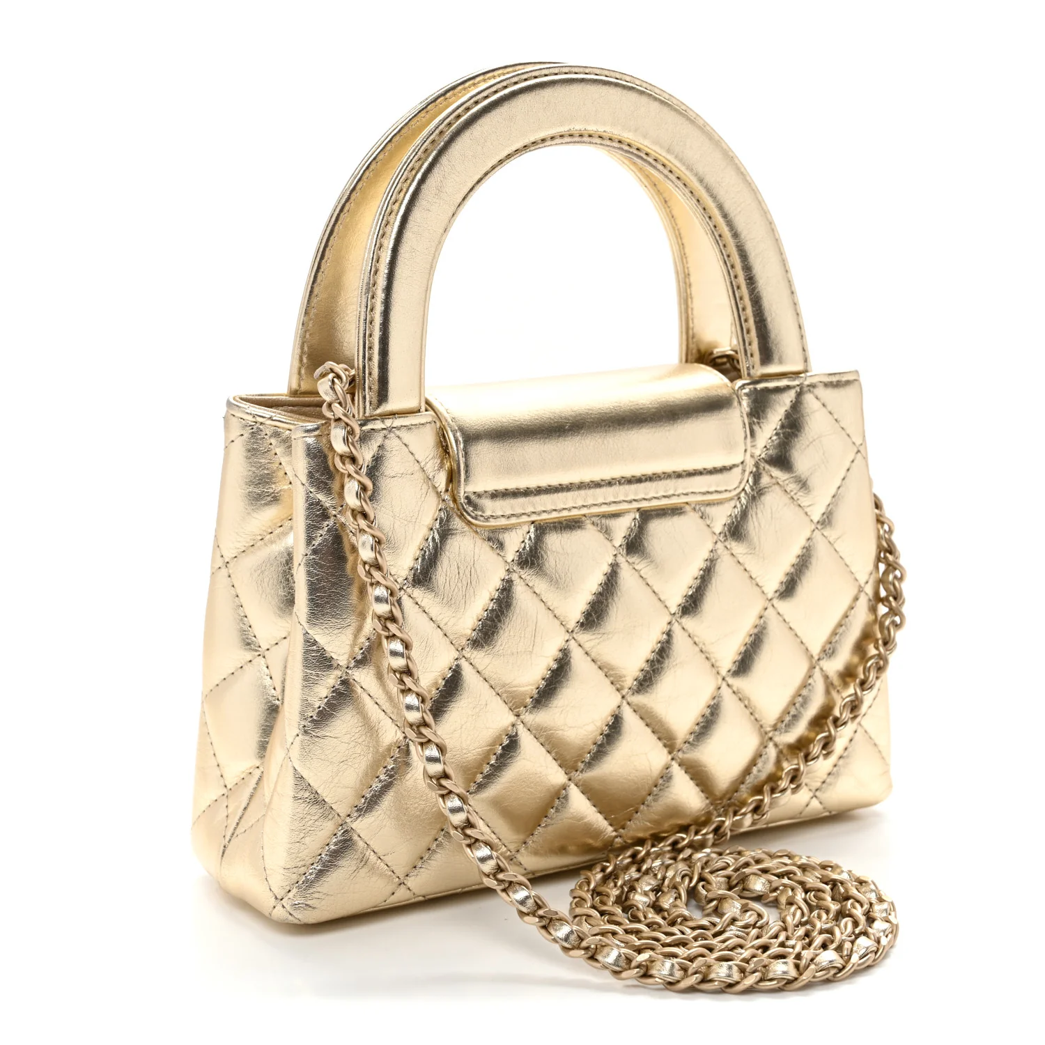 Metallic Shiny Aged Calfskin Quilted Nano Kelly Shopper Gold - Image 3