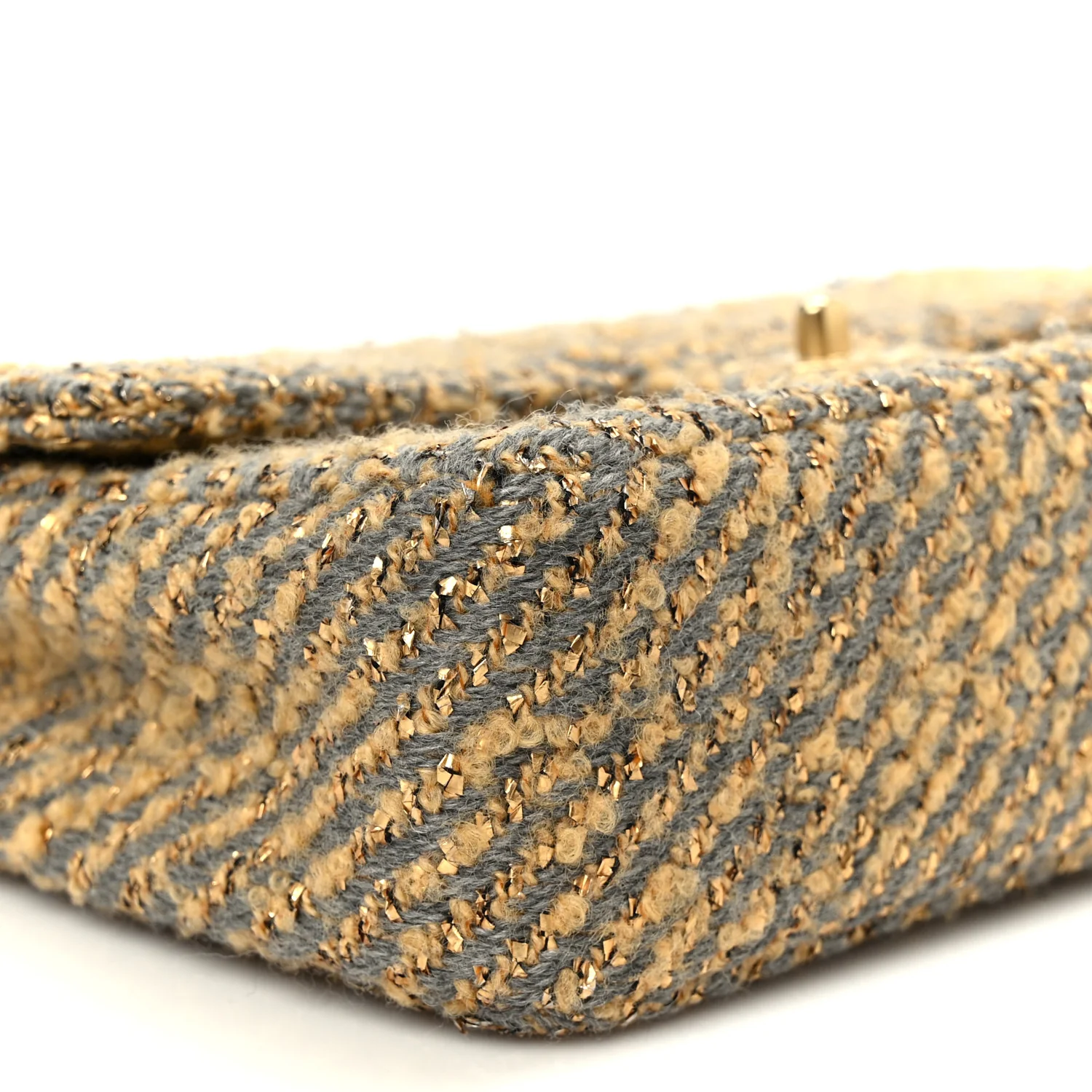 Metallic Tweed Quilted Medium Single Flap Beige Grey Gold - Image 10