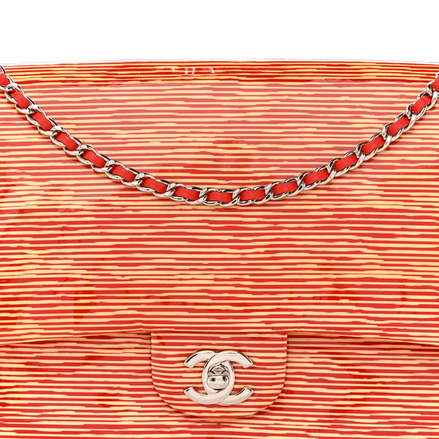 Patent Calfskin Striped Clutch With Chain Flap Red - Image 8