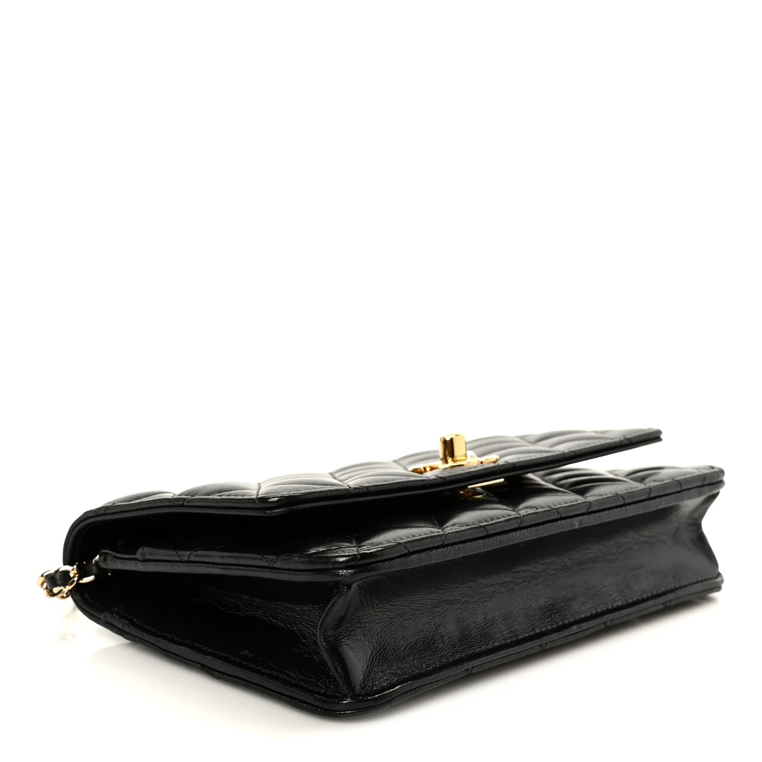 Shiny Lambskin Quilted CC Pearl Wallet on Chain WOC Black - Image 4