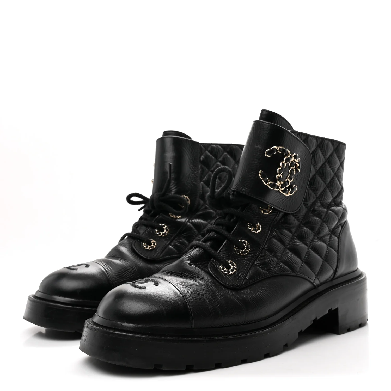 Shiny Lambskin Quilted Lace Up Combat Boots 41 Black - Image 4