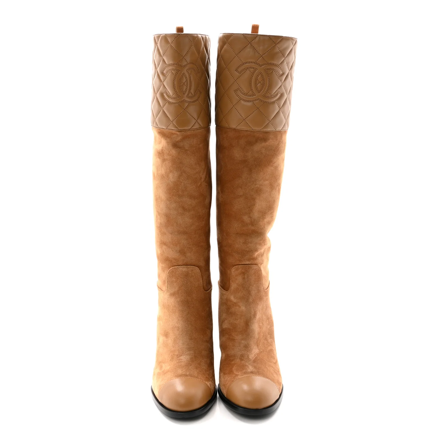 Suede Calfskin Lambskin Quilted Knee High Heel Boots 38 Beige - Image 2