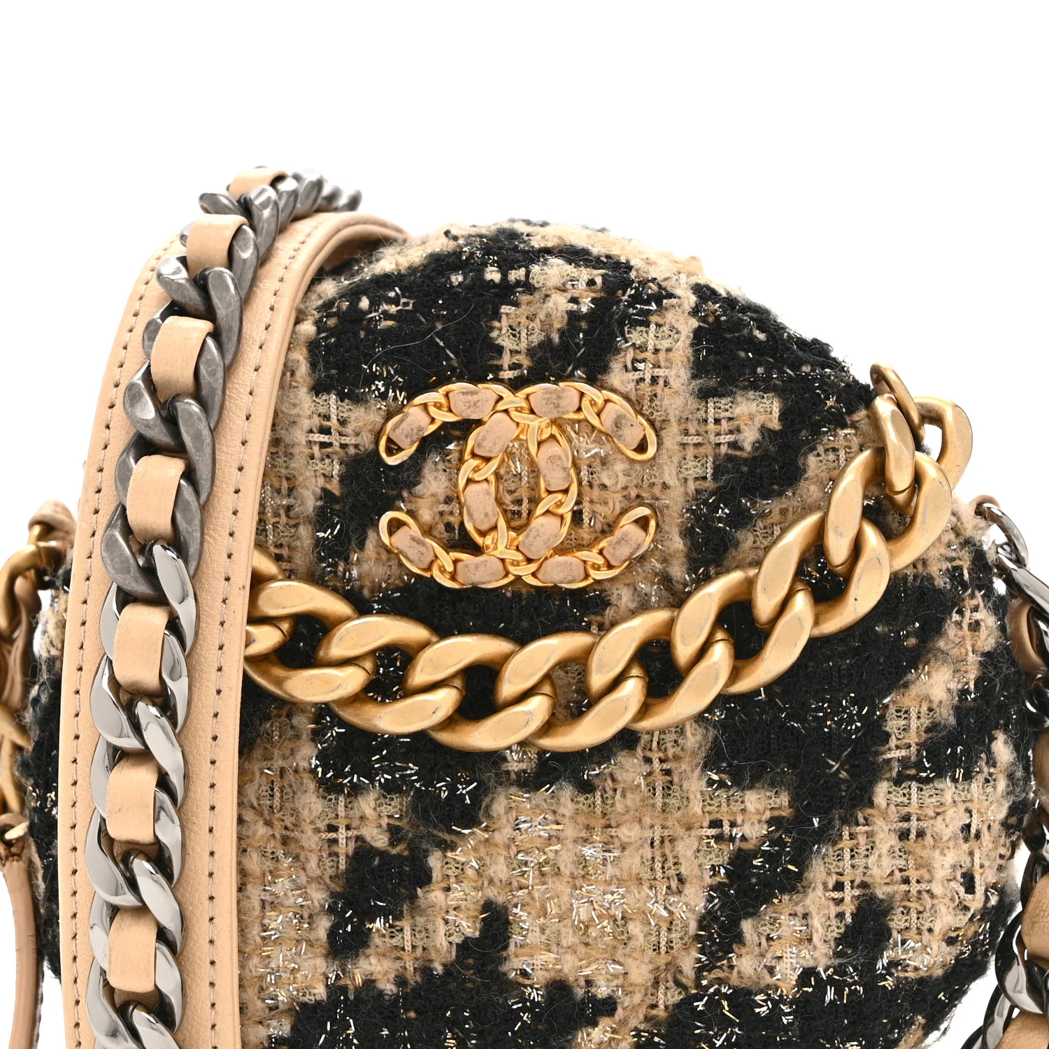 Wool Tweed Lambskin Quilted Chanel 19 Round Clutch With Chain and Coin Purse Beige Black - Image 8