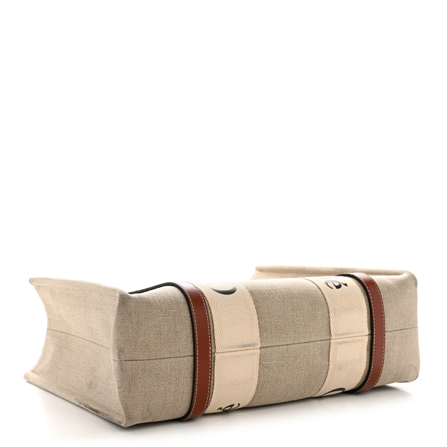 Linen Calfskin Medium Woody Ribbon Tote White Brown - Image 4