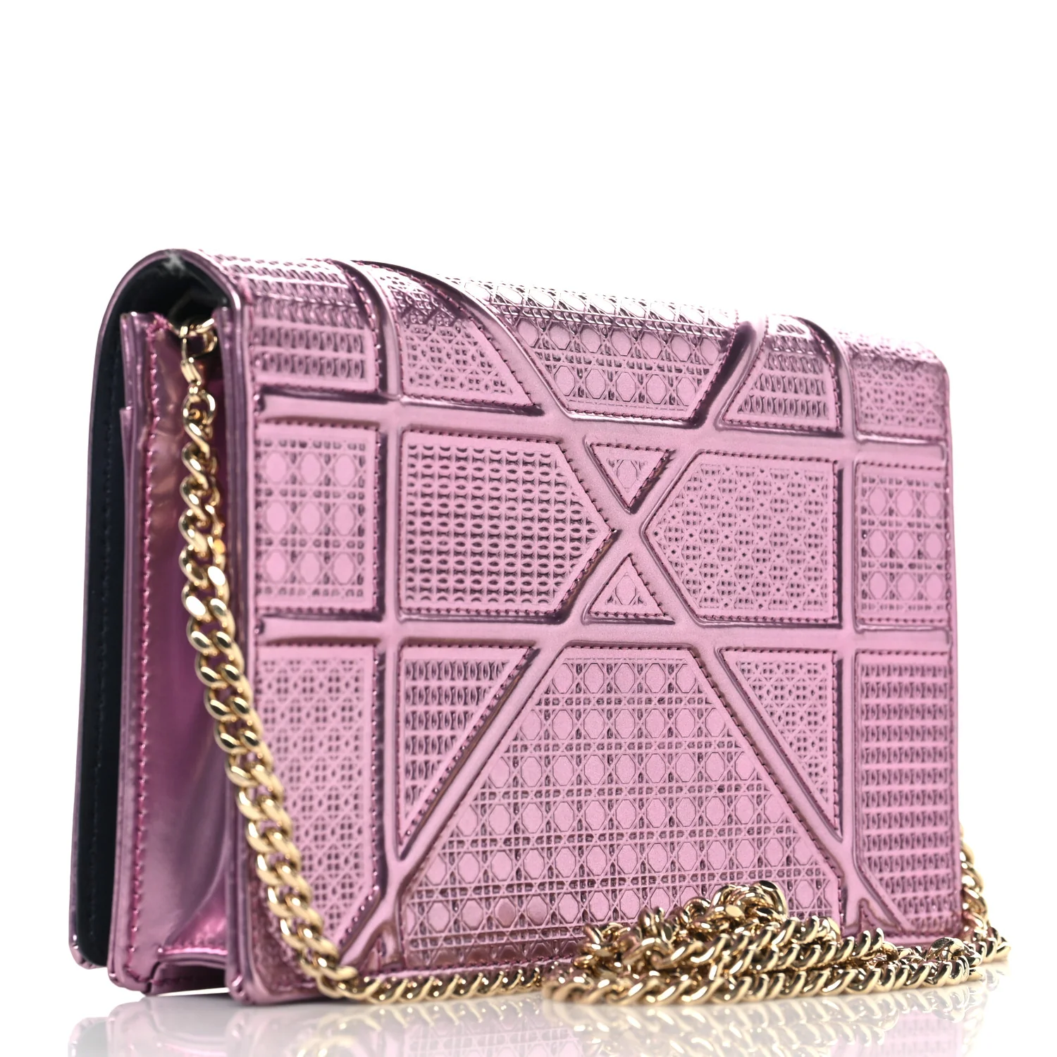 Metallic Patent Micro-Cannage Diorama Wallet on Chain Pouch Pink - Image 3