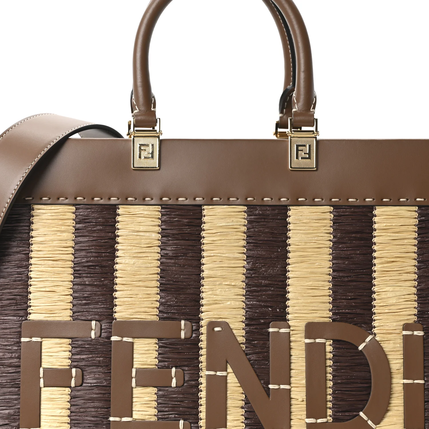 Paglia Pequin Vitello King Woven Medium Fendi Sunshine Shopper Tote Naturale Gianduia - Image 8