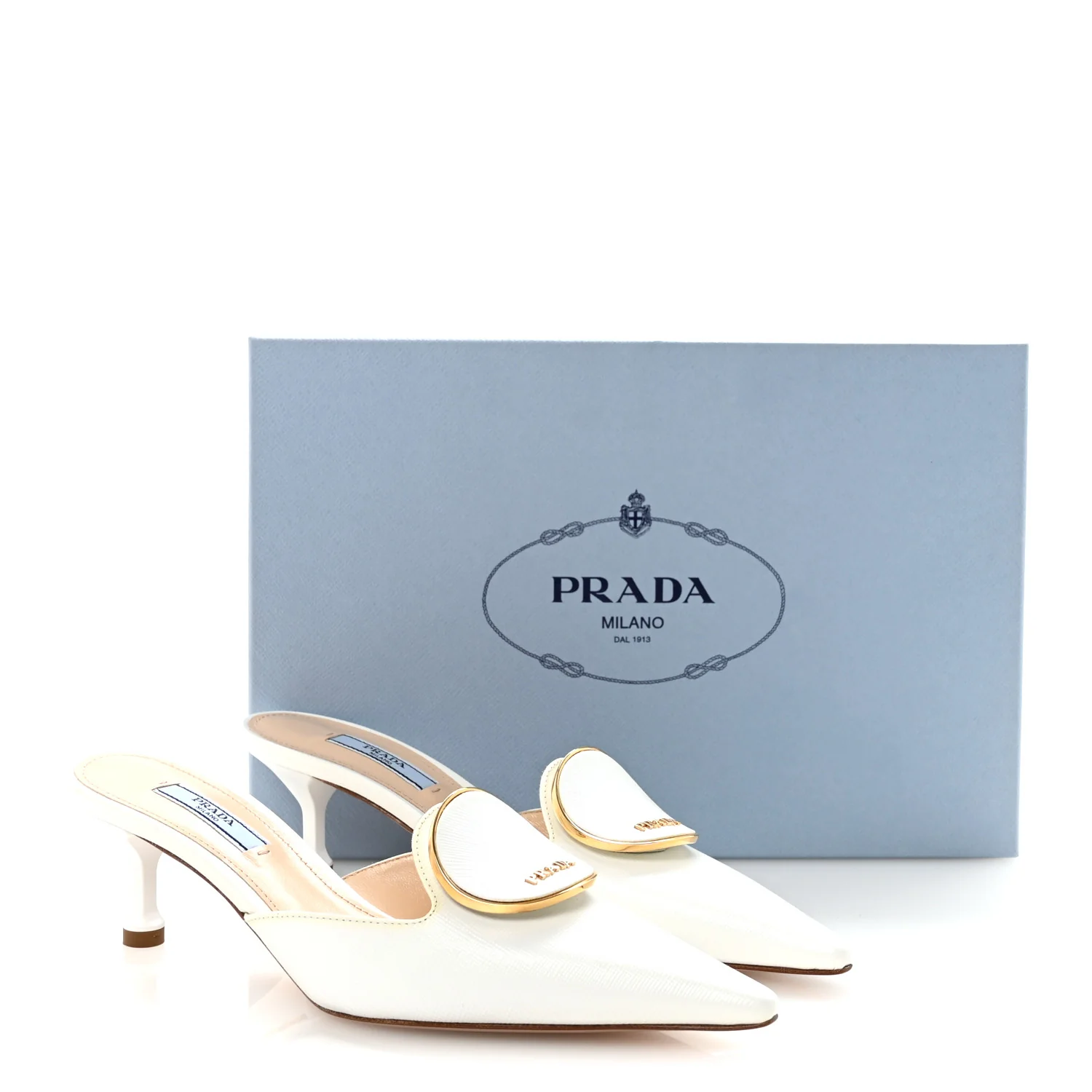 Saffiano Logo Pointed Toe 50mm Mules 36 White - Image 9