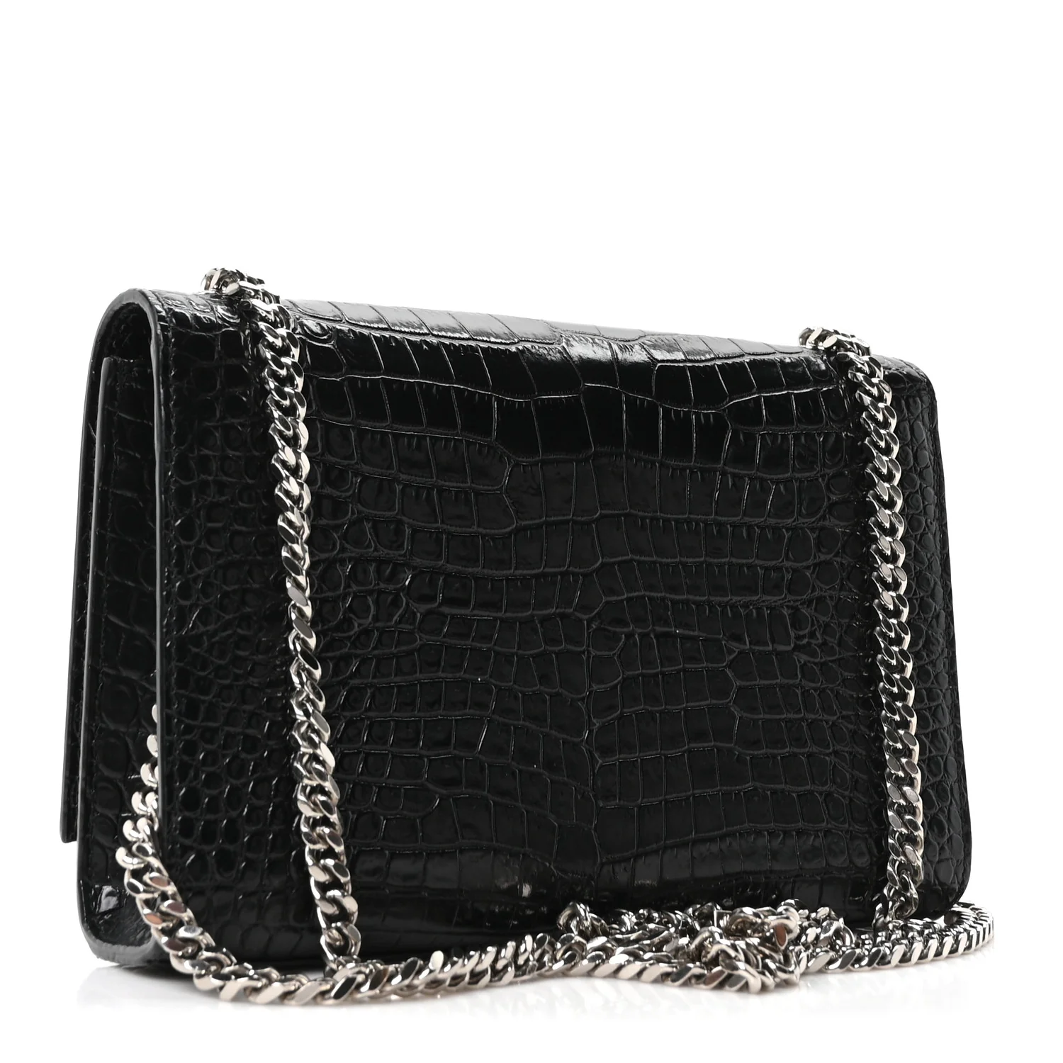 Calfskin Crocodile Embossed Small Classic Monogram Kate Tassel Satchel Black - Image 3