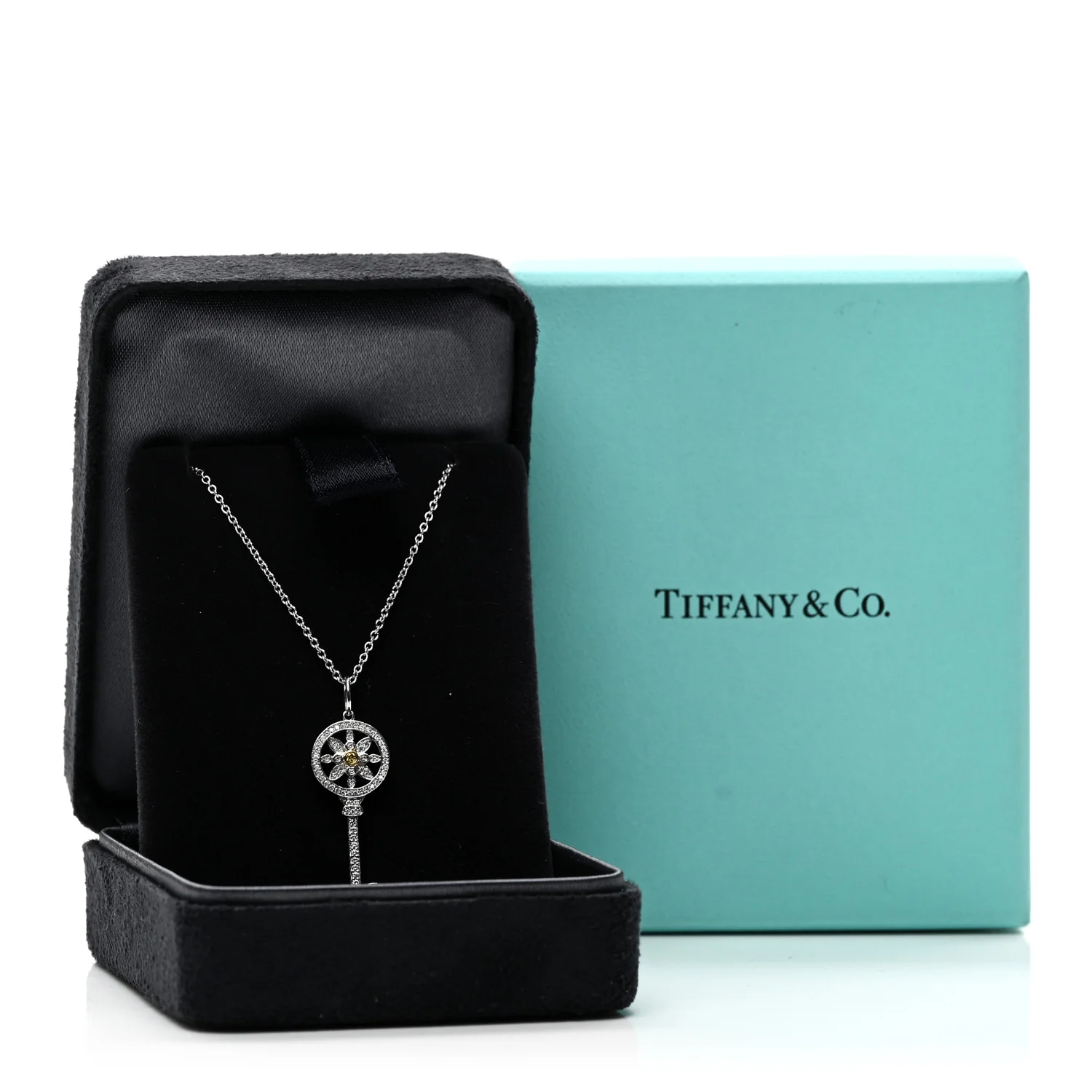 Platinum 18K Yellow Gold Yellow Diamond Daisy Key Pendant Necklace - Image 6