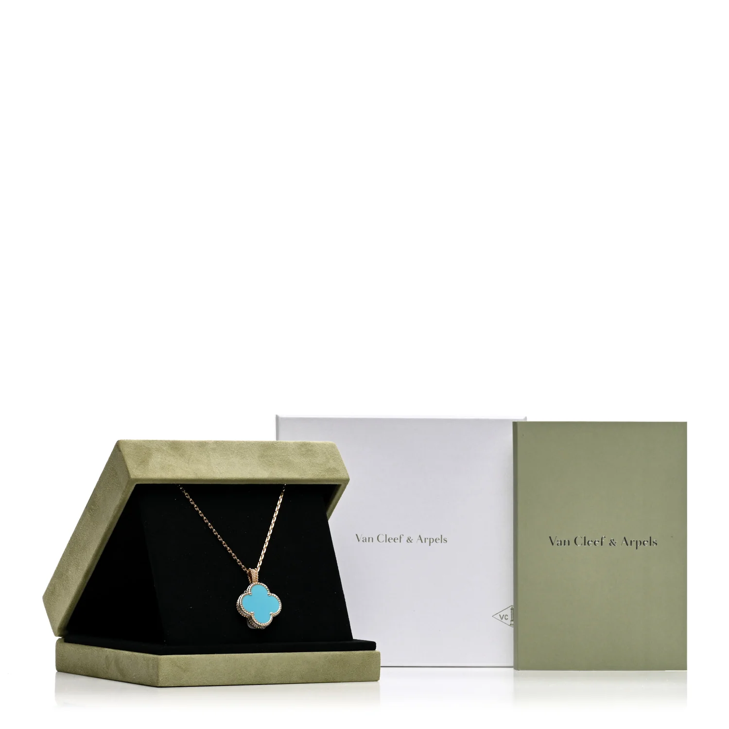 18K Yellow Gold Diamond Turquoise Mother of Pearl 28mm Alhambra Secret Pendant Quartz Watch - Image 5